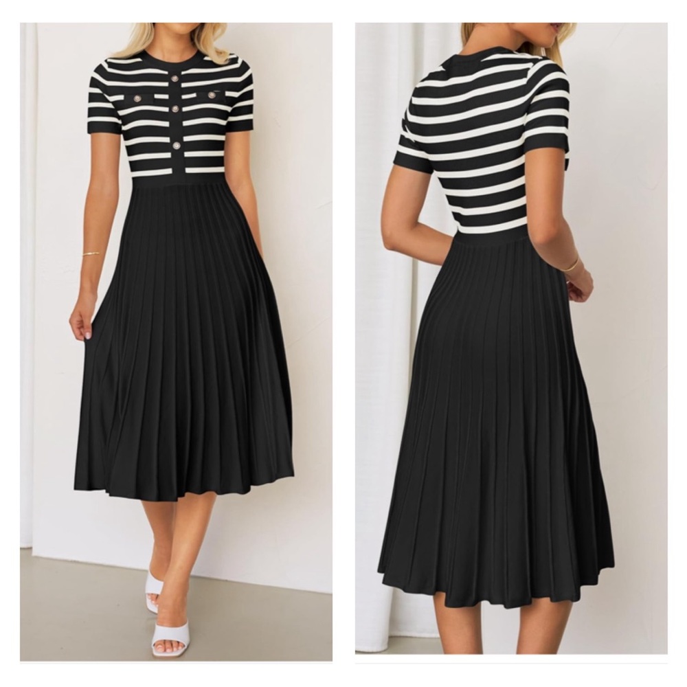 Midi Dress Crewneck Short Sleeve Button Ribbed Knit Swing Pleated A Line Dresses